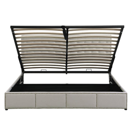 Gestoffeerde Bed, Dubbelbed-4vt6 135x190cm, met Hidrouliese Heffingsmeganisme, Funksionele Bergingsbed, Klinknaelversiering, Sonder Matras, Linne, Liggrys