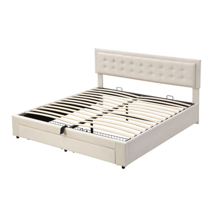 Gestoffeerde Koninggrootte Bed 150x200cm Fluweelstof Dubbelbed Groot Bergingspasie, Met Latte En Kopstuk, Sonder Matras, Grys