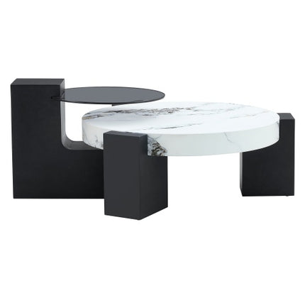 Moderne Eenvoudige Dubbellaag Ronde Koffietafel – Deursigtige Grys Glasblad Met Swart MDF L-vormige Pote. Die Afneembare Ontwerp Kan Die Gebruik Van Ruimte Buigsamer Maak