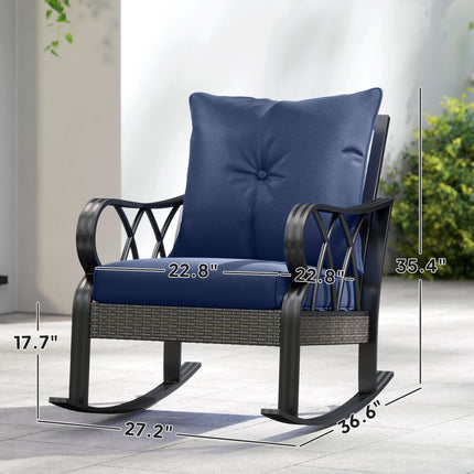 Outdoor Wicker Rocking Chair with Padded Cushions, Aluminum Furniture, Rattan Porch Rocker Chair w/ Armrest, Navy Blue