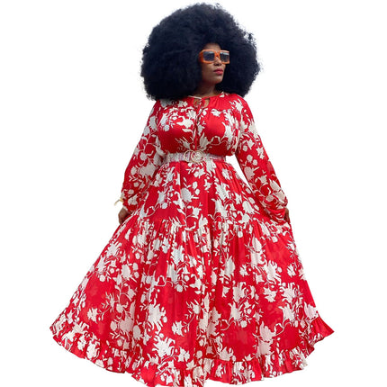 Spring And Autumn Print Big Swing Skirt Plus Size Dress