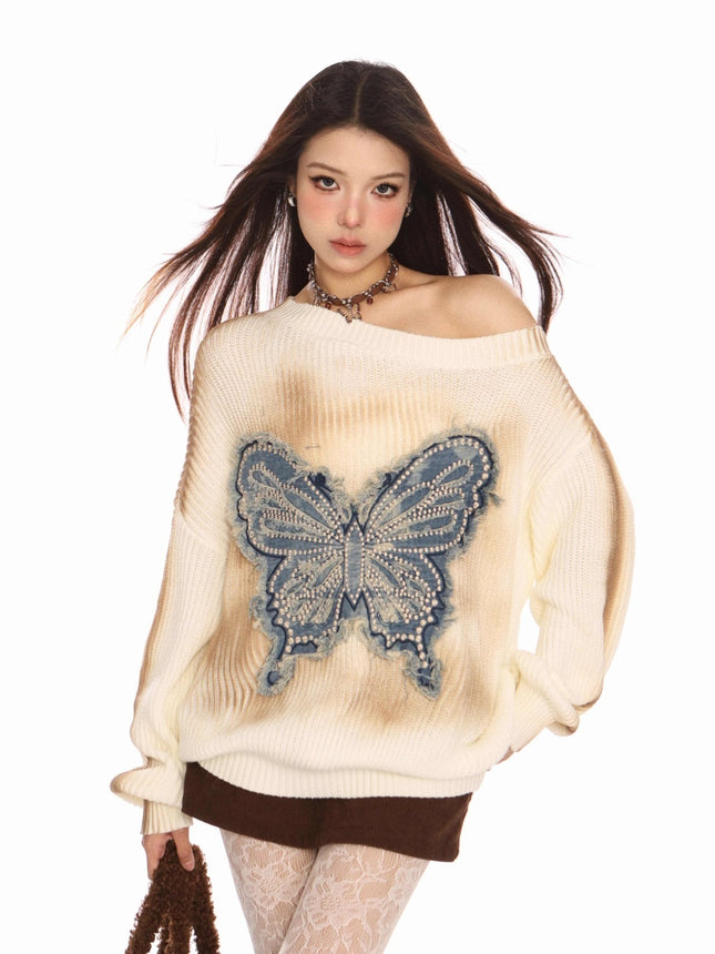 Women's Embroidered Butterfly Shoulder Sweater