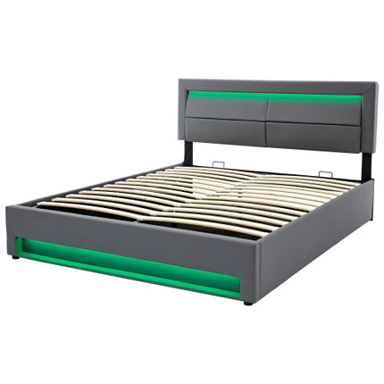 Gestoffeerde Bed 150 X 200 Cm, King Size Bed-5vt, met USB-poort Ondersteun Draadloos en Bedrade Laai, met LED-beligting en Bergingspasie, Sonder Matras, PU-litjiepatroon, Grys