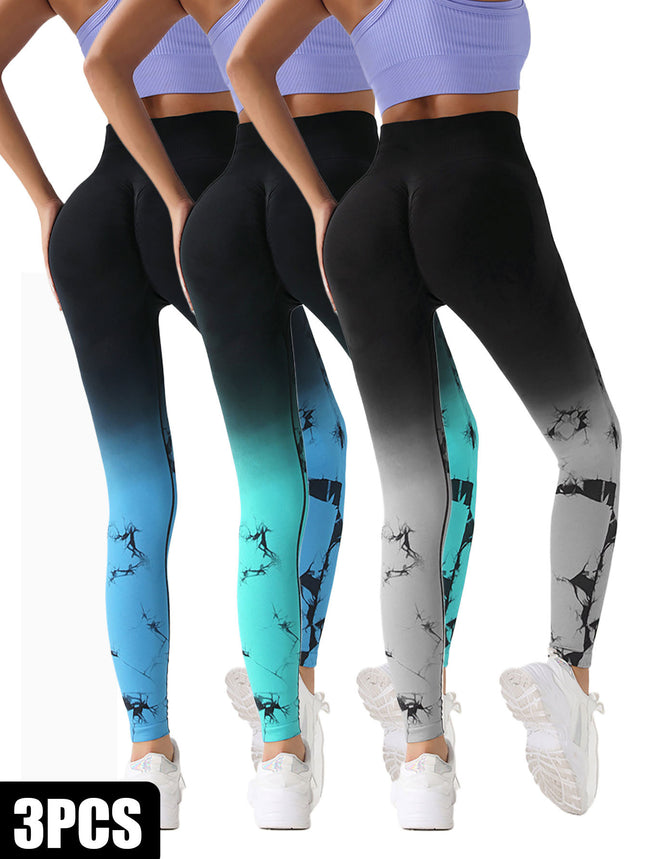 3 Pack Women's Tie Dye Gradient Color Yoga Sports Leggings, Ruched High Waist Workout Seamless Scrunch Booty Leggings Butt Lift Athletic Leggings Tummy Control Yoga Pants