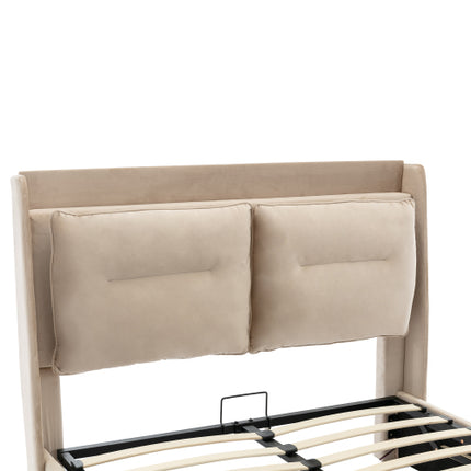 Gestoffeerde Bed, 135x190 4vt6, Dubbelbed, Hidrouliese Bed, 2-in-1 Berglêers Aan Die Voet Van Die Bed, Ingeboude LED-Ligstroke Aan Beide Kante Van Die Bed, Lattebodem, Fluweel, Beige