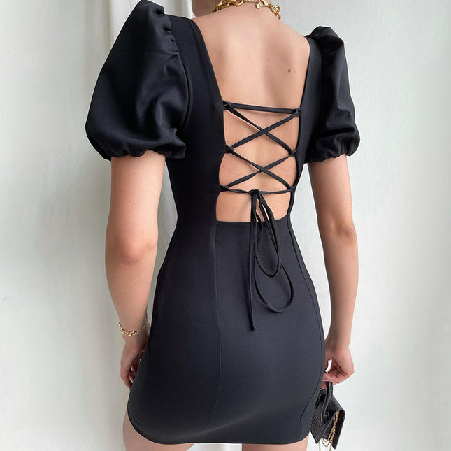 European And American Square Neck Puff Sleeve Waist Bag Hip Dress