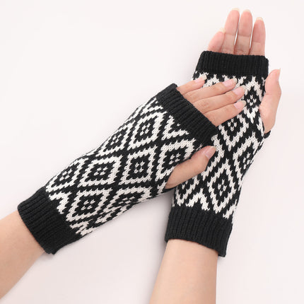 Colorblock Diamond Fingerless Wool Cycling Gloves
