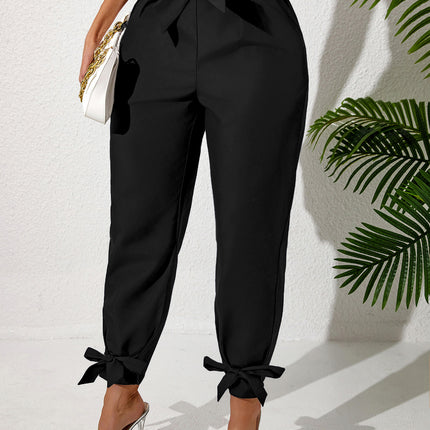 Solid Color Temperament Leg Tie Wooden Ear Trim Casual Women's Pants