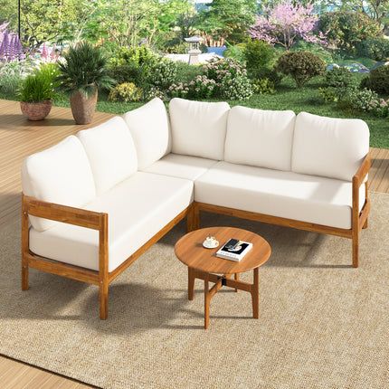 U-Style Acacia Hardehout Patio Meubelstel - Buitelug Patio Gesprek Meubelstel Met 6 Sagte Sitsplekkussings En Rugsak - Weerbestande Buitelug Patiobank Met Boograam, Vir Agterplaas, Tuin.
