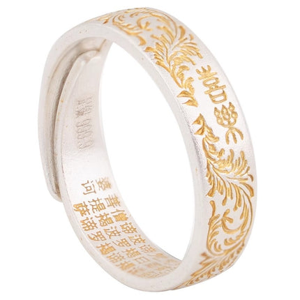9999 Suiwer Silwer Soliede Oop Ring Met Tanggraspatroon & Goue Afwerking, Veilig & Vreugdevolle Hart Soetra Gegraveer, Retro Chinese Styl Suiwer Silwer Band
