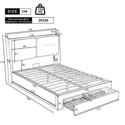Gestoffeerde Bed, 135x190 4vt6, Dubbelbed, Hidrouliese Bed, 2-in-1 Berglêers Aan Die Voet Van Die Bed, Ingeboude LED-Ligstroke Aan Beide Kante Van Die Bed, Lattebodem, Fluweel, Beige