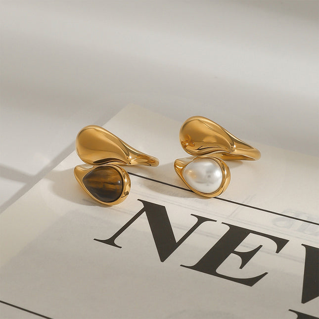 Versatile Fashionable Waterdrop-Inlaid Pearl Stainless Steel Open Ring