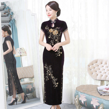 Golden Velvet Retro-improved Beaded Long High-grade Cheongsam
