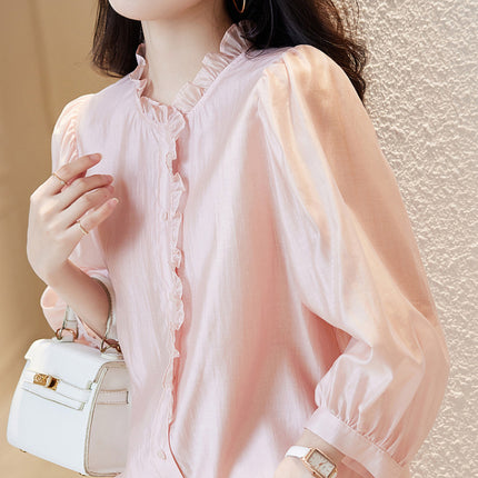 Nine-quarter Sleeve Shirt Women's Puff Sleeve Thin Solid Color Top