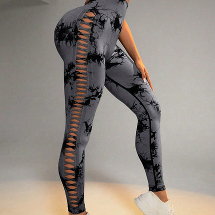Cut Out Side Hollow Tie Dyed Yoga Pants, High Waist And Hip Lifting Fitness Pants With Side Hollow Seamless Sports Tights, Workout Gym Yoga Pants Scrunch Butt Lift Tights