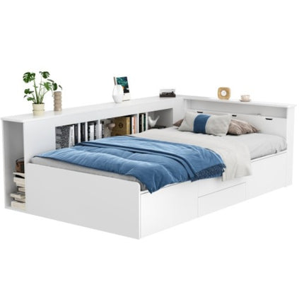 Kinderbed, Enkelbed-3ft90x190cm, Enkelbed, Multifunksionele Kinderbed Met Laaie, Boekrak En Opbergkas, Bedkas Met Bergplek, Sonder Matras, Wit