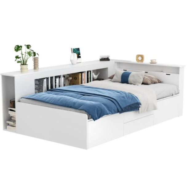 Kinderbed, Enkelbed-3ft90x190cm, Enkelbed, Multifunksionele Kinderbed Met Laaie, Boekrak En Opbergkas, Bedkas Met Bergplek, Sonder Matras, Wit