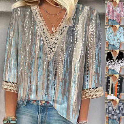 Women's Loose New Multi-color Floral Print Stitching Lace Mid-sleeve V-neck T-shirt