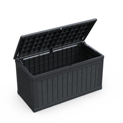 230 Gallon Groot Buitenberging XXL Dekkas Vir Patio Meubels, Buitekussings, TuinGereedskap En Sport-/Swembadtoerusting, Waterdigte Hars, Sluitbaar, Swart