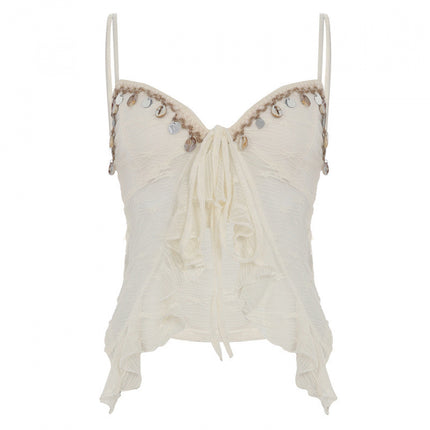 Low Collar Chest-flattering Lace-up Irregular Mesh Sexy See-through Vest