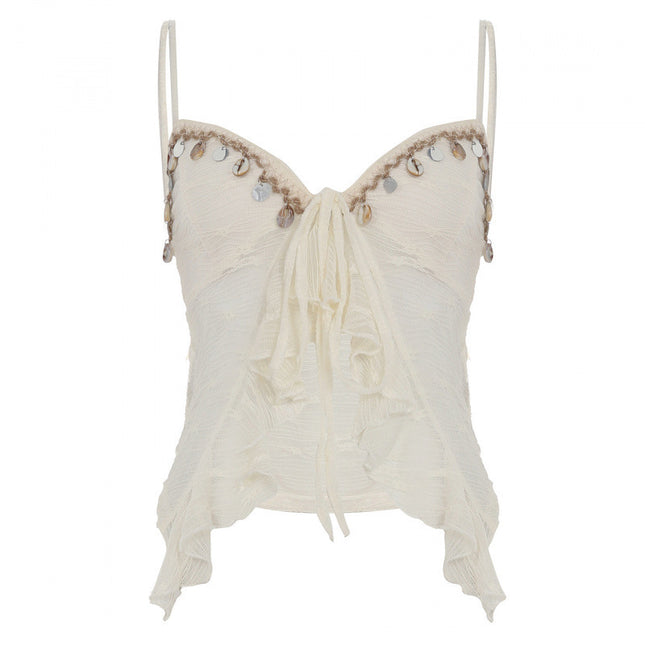 Low Collar Chest-flattering Lace-up Irregular Mesh Sexy See-through Vest