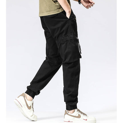 Casual Pants Trendy Brand Elastic Waist Men's Youth Simple Pure Cotton Multi-pocket Work Pants Trousers Ankle-tied