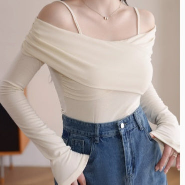 Slimming And Slimming One Shoulder Top, Sticky And Long Sleeved T