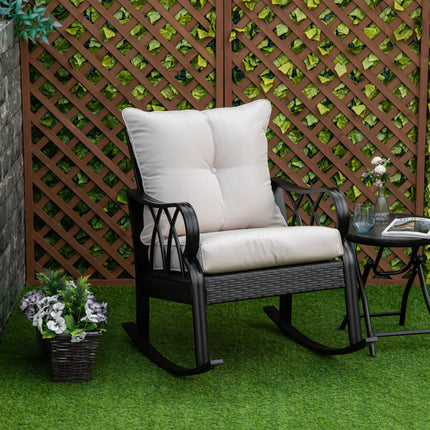 Buitelug Wiegstoel van Rattan met Gevoerde Kussings, Aluminium Meubel Wiegstoel van Rattan met Armleuning vir Tuin, Patio en Agterplaas, Kakie