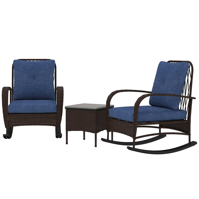 3-Stuk Wicker Patio Meubelstel, Buiten PE Rottang Wiegstoele met Koffietafel, Kussings vir Stoep, Bruin