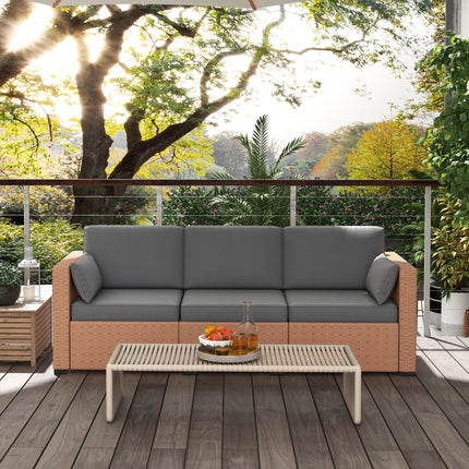 Patiobank PE Rotting Diep Seating Buitelugbank met Verwyderbare Kussings, 3-Sitter Rottingbank, Buitelugmeubels vir Balkon, Dek, Tuin en Swembad, Sand