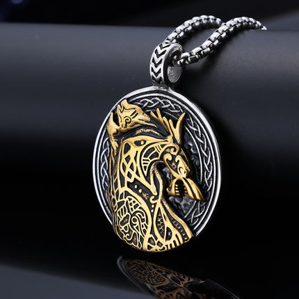 Persoonlike Wolfkop-Totem Titaanstaal Swart-en-Goud Kontras-Hanger
