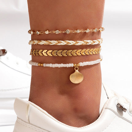 4 stuks Stel Boheemse Geweefde Tou Voetketting Vir Mans En Vroue Geometriese Legering Swart Krale Druppelolie Enkelband Stel Somer Modejuweliersware