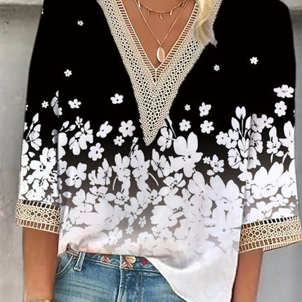 Women's Loose New Multi-color Floral Print Stitching Lace Mid-sleeve V-neck T-shirt