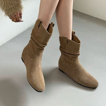 Franse Retro Herfs En Winter Nuwe Ryp Hoë Mou Westerse Cowboy Stewel Vrou