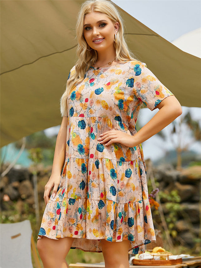 Casual Round Neck Short-sleeved Printed Multi-layer Splicing Large Hem Dress