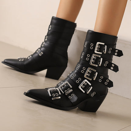 Autumn And Winter Pointed Knight Women's Boots Plus Size Punk Belt Buckle Booties