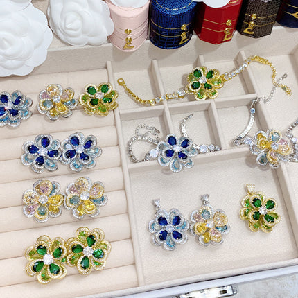 18K Plated Multi Faceted Translucent Colored Treasure Zircon Flower Earrings