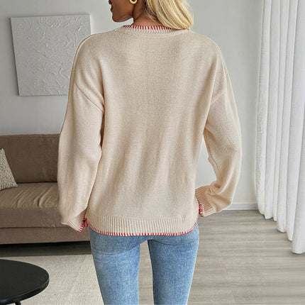 European And American Contrast Color Animal Pattern Crew Neck Pullover Sweater Female