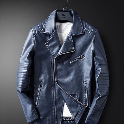 Cross-border for Europe and America simple spring and autumn men's lapel zipper washed pu leather coat motorcycle leather jacket men