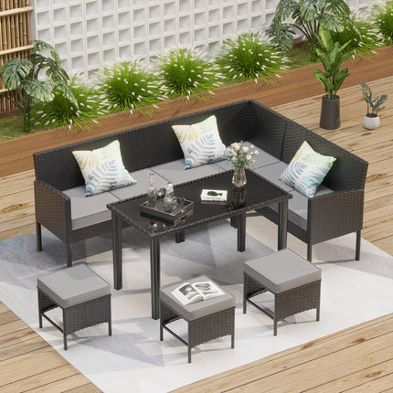Kleinruimte Patio Meubels 7-stuk Buitelugmeubelstel, Agterplaasmeubelstel, Waterdigte Sitkussing, Glastafel, Ruimtebesparend, Geskik Vir Agterplaas, Terras Of Tuin, blou, grys