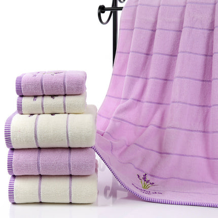 Laventel Sag Absorberende Geborduurde Gestreepte Badhanddoek
