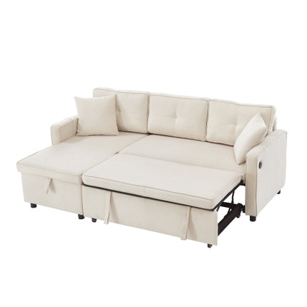 L-vormige Uittrekbare Slaapbank, Moderne Omkeerbare Slaapbank, 3-in-1 Omskakelbare Slaapbank met Bêre Chaise, Opvoubare Tafel, Bekerhouers en Laaipoorte
