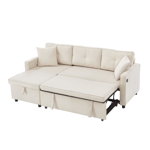 L-vormige Uittrekbare Slaapbank, Moderne Omkeerbare Slaapbank, 3-in-1 Omskakelbare Slaapbank met Bêre Chaise, Opvoubare Tafel, Bekerhouers en Laaipoorte