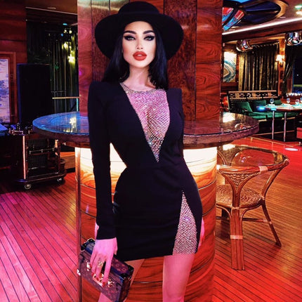 Sexy Net Diamond Ladies Party Long-sleeved Bandage Slim Dress