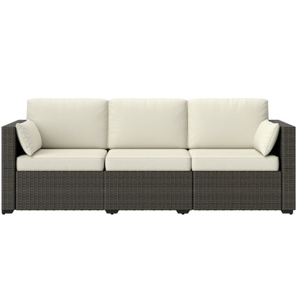 Patiobank PE Wicker Diepsit-buitebank met Verwyderbare Kussings, 3-sitplek Rattanbank, Buitemeubels vir Balkon, Dek, Tuin en Swembad, Roomwit