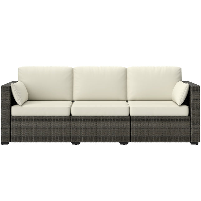 Patio Couch PE Wicker Deep Seating Outdoor Sofa with Removable Cushions, 3 Seater Rattan Sofa, Outdoor Furniture for Balcony, Deck, Garden and Poolside, Cream White