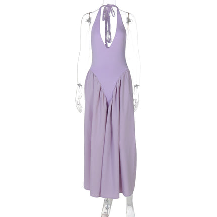 Hot New Sexy Solid Color Deep V Neck Hollow Out Halter Elegant Flared Hem Dress For Women