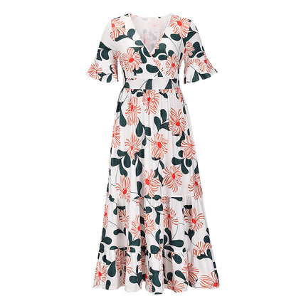 Fashion Women's Sexy Print Dress With Short Sleeves V-neck