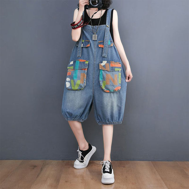 Women's Denim Printing Loose Leisure All-matching Suspender Pants
