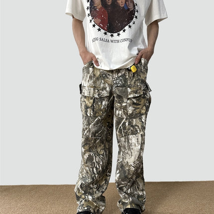 Loose Straight Tree Worn Looking Washed-out Camouflage Printed Overalls